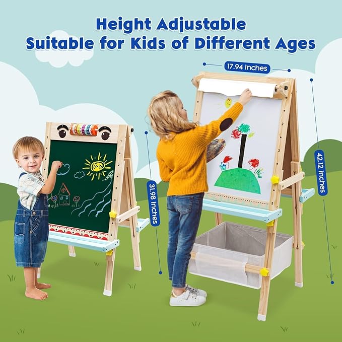Kids Easel with Paper Roll Wooden Art Easel Height Adjustable Standing Easel with Bead Numbers Alphabet Animal Accessories Double-Sided Whiteboard & Chalkboard for Boys Girls 3 4 5 6 7 8