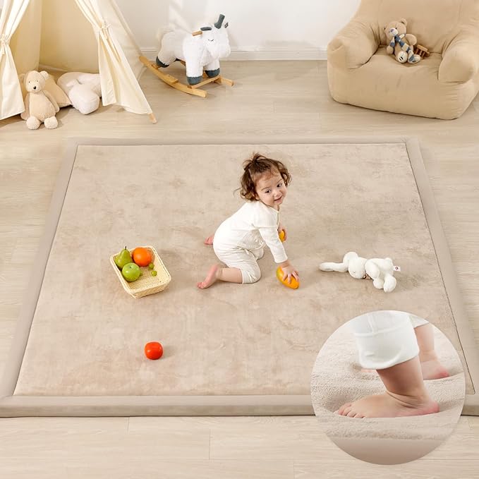 1.3" Thick Baby Play Mat for Floor Playpen, 71x59 Large Foam Tummy Time Mat, Padded Support Soft Plush Nursery Rug for Infant Kids Toddler Crawling Kick Activity (Beige)