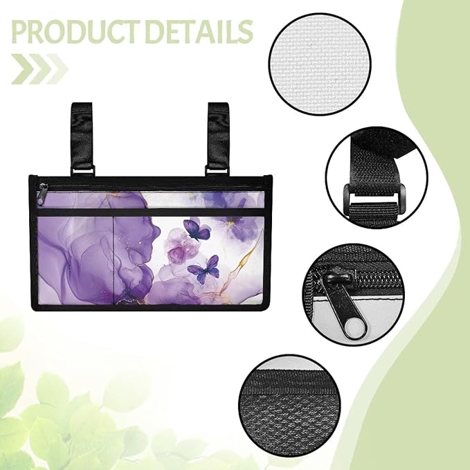 ZOUTAIRONG Purple Marble Print Butterfly Cross Wheelchair Side Bag Power Wheelchair Bag Walker Organizer Pouch Tote for Rollator and Folding