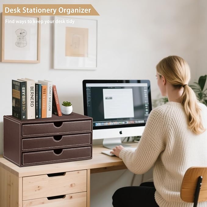 PU Leather Desktop Organizer with Drawers,3 Drawer Office Desk Organizer,Desktop Storage for Office Supplies/A4 Paper/Magazine/Book,for Office School Home.Brown