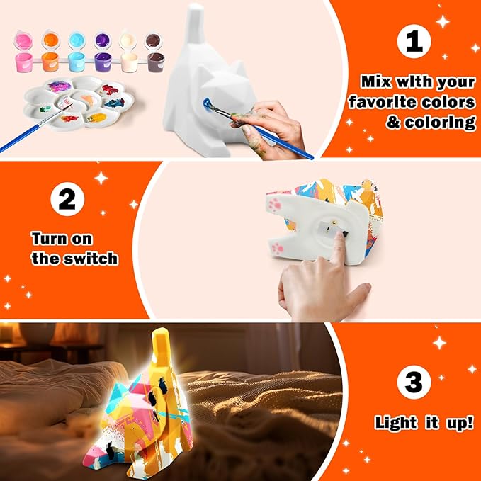 FUNZBO 4.3in Paint Your Own Cat Lamp Kit - Arts and Crafts Supplies Kitten Painting Kits for Kids Teens, DIY Night Light Toy for Toddler Girl Boy Ages 3 4 5 6 7 8 9 10 11 12 13+ Birthday Easter Gift
