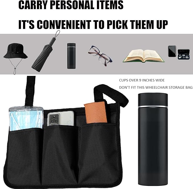 Wheelchair Side Bag with Cup Holder Wheelchair Accessories Armrest Bags Storage Pouch for Wheelchair/Rollator/Walker/Electric Scooter Ideal Elderly Accessories & Gift (Water Proof)