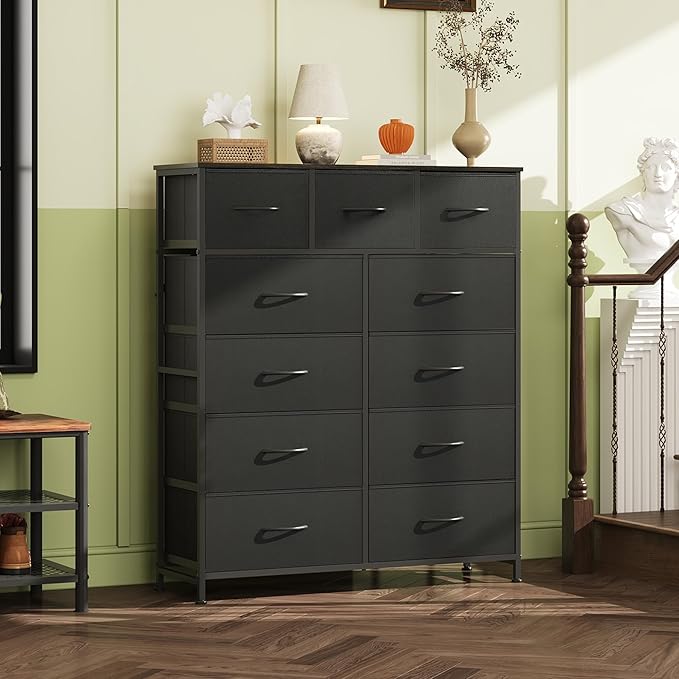 WLIVE Storage Organizer Unit with 11 Fabric Bins, Storage Drawers Organizer with Steel Frame, Tall Storage Tower Organizaton for Living Room, Hallway, Office, Charcoal Black