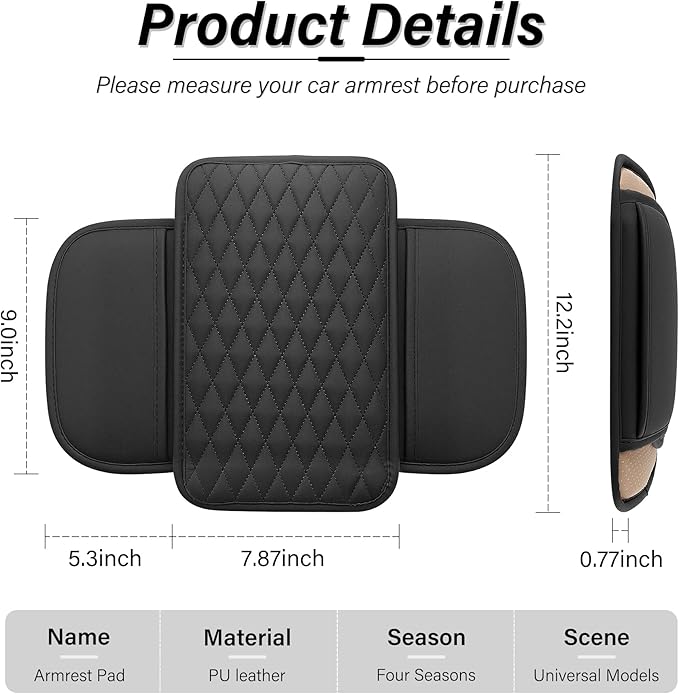 Amiss Car Center Console Cover, Upgraded Leather Car Armrest Cushion with 2 Storage Pockets, Universal Waterproof Cushion Pad, Non-Slip Car Interior Accessories, Fits Most Sedans SUVs Trucks (Black)