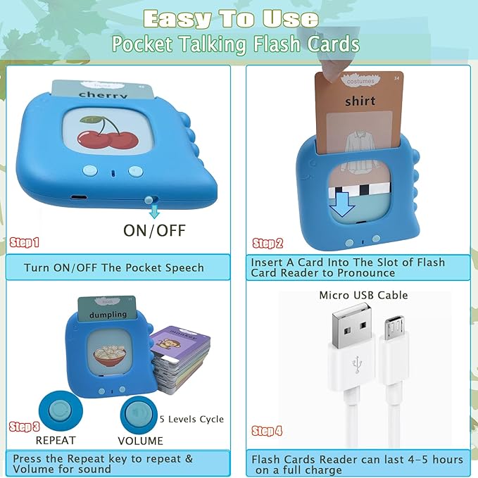 Talking Flash Cards, Pocket Speech for Toddlers 3-7 Year Old, Audible Double-Side Pocket Vocabulary Cards with 224 Sight Words, Kid Learning Education Toys, Sensory Toys for Autistic Children