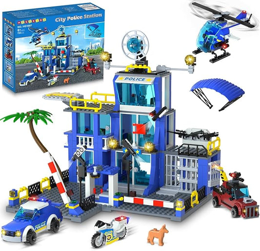 HOGOKIDS City Police Station Building Toys with LED Light - 734pcs Police Building Block Sets with Helicopter Police Motorcycle Vehicle Armored Car, Police Playset Gift for Kids Boys Girls Age 8-12+