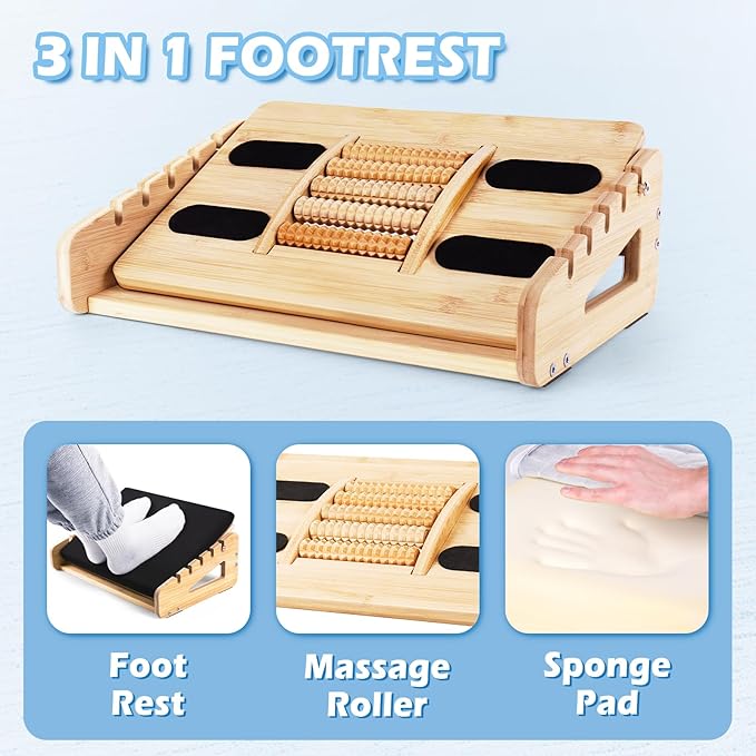 Ergonomic Bamboo Foot Rest for Under Desk, Dual Side Footrest with Reflexology Massager Roller, 5 Heights Adjustable Foot Stool, Ergonomic Leg Support to Relieve Lumbar, Back, and Knee Pain