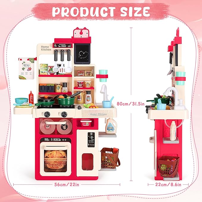 Kids Kitchen Playset, Easface Play Kitchen for Toddlers 1-3 with Sound and Light, Cooking Stove with Steam, Play Sink and Toy Kitchen Accessories Pretend Kitchen Toys for Girls Boys 3-5 (Red)
