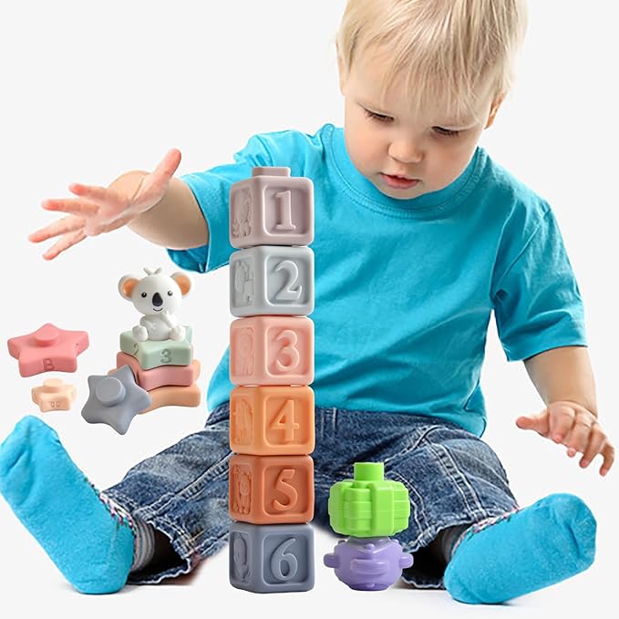 Baby Toys 6 -18 Months，Montessori Toys for Babies 1-2 Years Old,Includes Bear Drawstring Toys, Koala Stacking Blocks & Baby Rattle & 6-Color Squeeze Sensory Balls,Developmental Toys for Children
