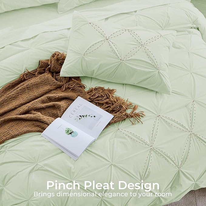 Sasttie King Size Comforter Set, 7-Piece Bed in a Bag, Pintuck Bedding Sets for All Season, Includes Comforter, Flat Sheet, Fitted Sheet, Pillowcases and Pillowshams, Mint