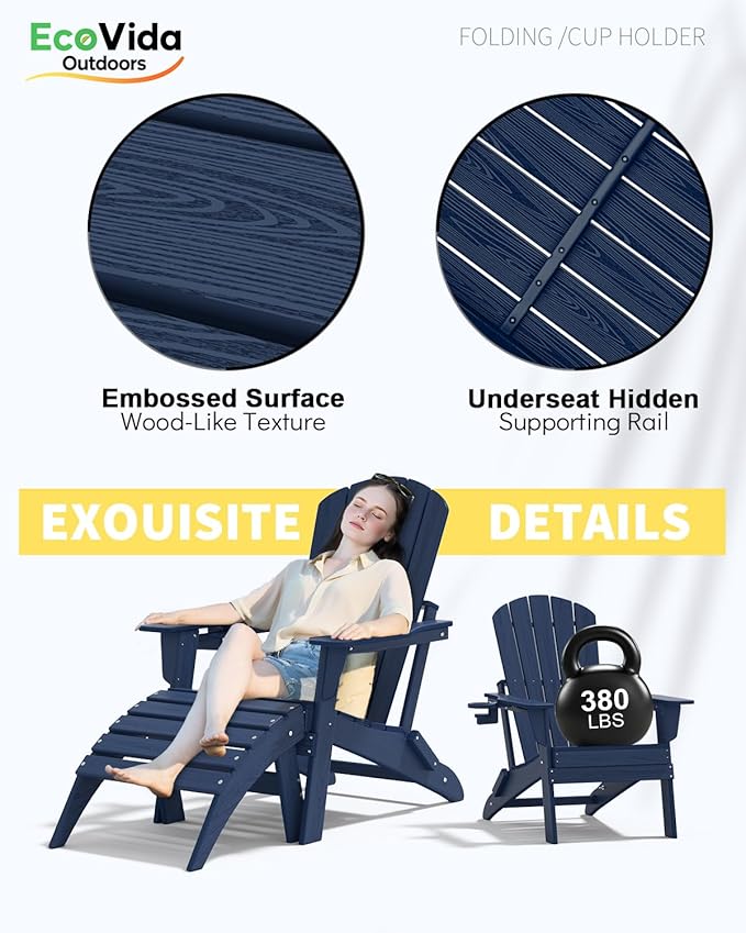 Upgraded Folding Adirondack Chair with All-Weather Cup Holder-EcoVida, Premium Wood Grain Texture, HDPE Waterproof, Suitable for Fire Pit, Patio, Porch, Navy