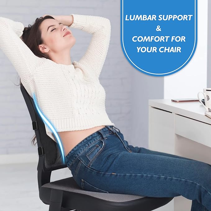 Lumbar Support Pillow for Office Chair Back Support Lumbar Pillow for Car, Gaming, Office Chair - Improve Sitting Posture & Back Pain Relief, Memory Foam, Adjustable Straps, Fluffy Black