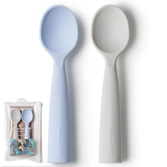 Miniware Silicone Baby Spoon for Training - BPA Free Baby Utensils - Baby Spoons Self Feeding 6 Months | 100% Food Grade Silicone - Modern & Dishwasher Safe Toddler Spoons (Grey and Lavender)