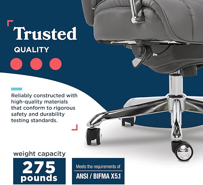 La-Z-Boy Sutherland Quilted Leather Executive Office Chair with Padded Arms, High Back Ergonomic Desk Chair with Lumbar Support, Grey Bonded Leather