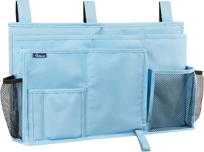 Surblue Bedside Caddy Hanging Bed Organizer Storage Bag Pocket for Bunk and Hospital Beds, College Dorm Rooms Baby Bed Rails, Camp 8 Pockets, (Large, Skyblue)