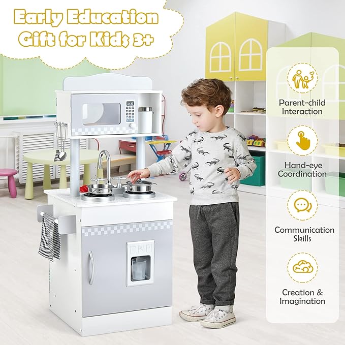 HONEY JOY Kids Kitchen Playset, Double Side Little Chef Play Kitchen for Toddlers, Oven & Sink, Ice Cube Dispenser, Utensils, Microwave, Storage Cabinet, Wooden Pretend Play Toy Kitchen Set, Gray