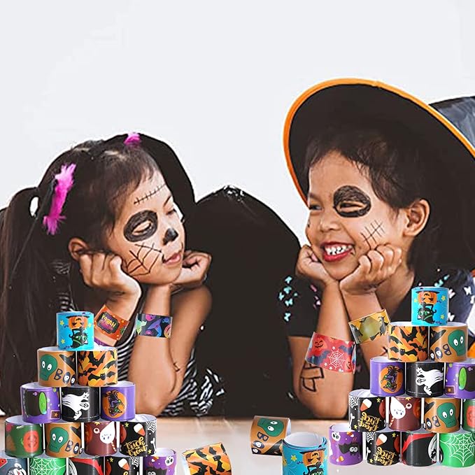 120 Pcs Friendship Bracelets Halloween Slap Bracelets Party Favors for Kids - 60 Different Design Bracelets Halloween Party Supplies and Decorations Snap Bracelets with Halloween Classies Pattern