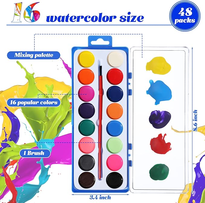 Jexine 48 Pieces Watercolor Paint Sets for Valentine's Day Gifts 16 Washable Water Color Paints Washable Bulk with Paintbrushes for Valentine School Classroom Birthday Gift Art Party Favors