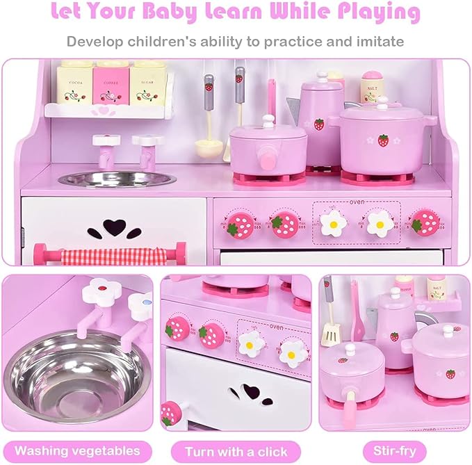 Fireflowery Wooden Play Kitchen, Play Cooking Set w/Sink, Stovetop, Fridge, Microwave, Pretend Kid Kitchen Set for Toddlers, Gift for Ages 3+