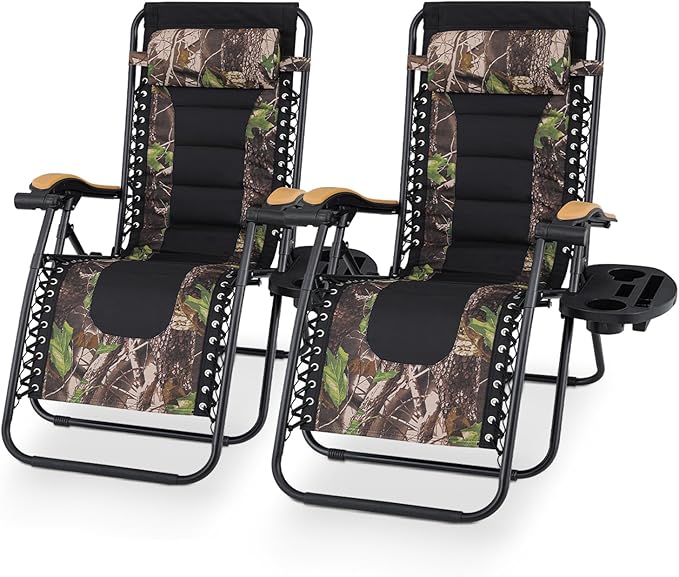 Athena Collection Zero Gravity Outdoor Lounge Chair Set of 2 with Cup Holder, 29" Width Pool Lounge Lawn Chairs Reclining, Outdoor Chaise for Beach Patio Backyard Outside, Jungle