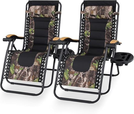 Athena Collection Zero Gravity Outdoor Lounge Chair Set of 2 with Cup Holder, 29" Width Pool Lounge Lawn Chairs Reclining, Outdoor Chaise for Beach Patio Backyard Outside, Jungle