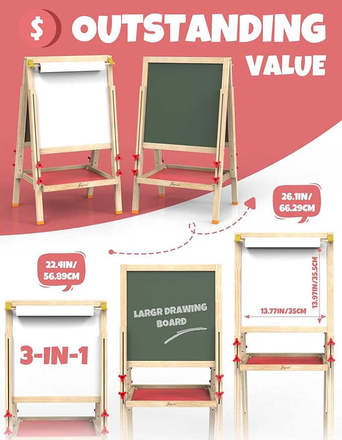 JOYOOSS Easel for Kids Art Easel Kids Easels for Toddlers Easel, Toddler Art Easel Dual-Sided Adjustable Wooden Magnetic Board for Kids Easel for Toddlers 3-4 Years and Art Easel for Kids Ages 4-8
