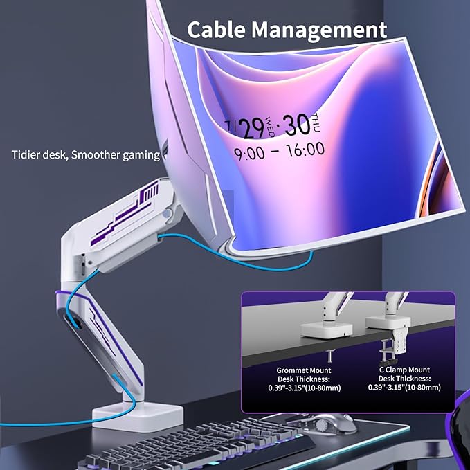 Heavy Duty Monitor Arm for Ultrawide Screen up to 49 inches,44 lbs,Gas Spring Desk Mount Stand, Premium Fully Adjustable Bracket with C Clamp, Grommet Base, VESA 75x75/100x100mm (White)