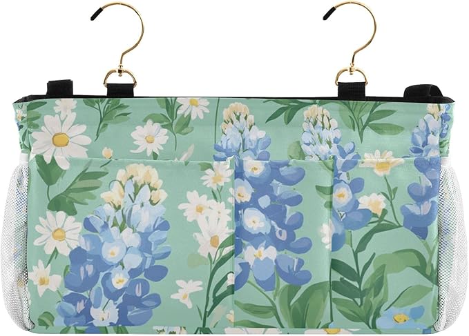 Mint Green Bluebonnet and Daisies Bedside Caddy for Dorm Bed Bedside Hanging Caddy Bag Iron Frame Storage Organizer Pocket for Bunk Home College Hospital Beds 2 Hooks