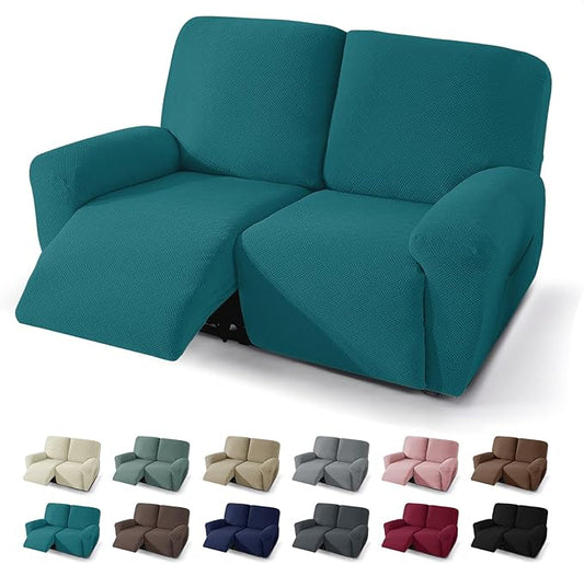 JIVINER 4 Pieces Recliner Loveseat Covers Stretch Recliner Sofa Slipcover with Elastic Bottom Jacquard Fitted Reclining Couch Cover Furniture Protector with Pockets (2 Seater, Teal)