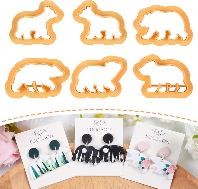 Puocaon Bear Polymer Clay Cutters - 6 Pcs Clay Cutters for Polymer Clay Earrings Making, Mirrored Bear Clay Jewelry Cutters, Animal Clay Cutters for Polymer Clay Jewelry Making Unique Clay Cutters