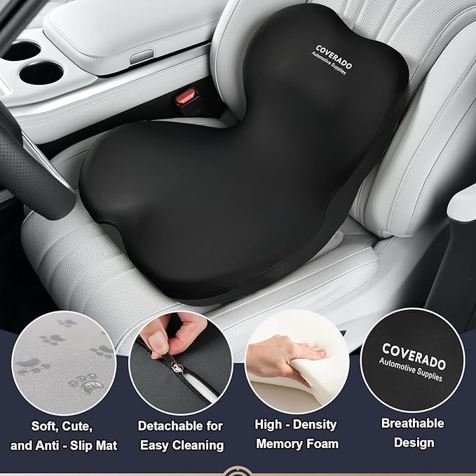 Coverado Car Seat Cushion and Lumbar Support Pillow One Piece, Memory Foam Ergonomic Back Support Driving Seat Cushion for Back Pain, Non-Slip Washable Cushion for Car, Driver, Office