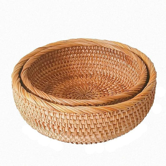 amololo Set of 2 Round Rattan Bowl Baskets, 8 9 Inch Handmade Wicker Basket Tray with 3”Deep Wall, Decorative Woven Brown Bread Basket Fruit Bowl Table Key Holder, 2-Size