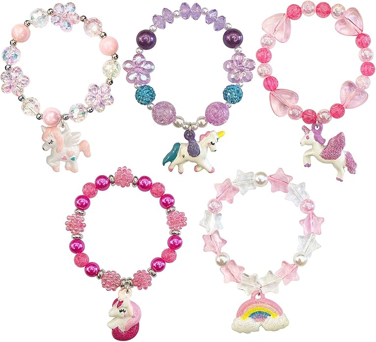 5pcs Little Girl Bracelet Kids Unicorn Bracelets Girl Unicorn Party Favor Pretend Play Bracelet for Toddlers Teens Charm Bracelet Gift Box