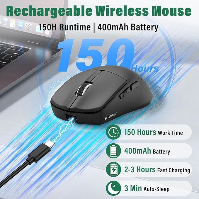E-YOOSO XuanGui Rechargeable Wireless Mouse,Bluetooth Mouse for Laptop,Tri-Mode 2.4G/BT5.1/USB C,150 Hour Battery Life,5-Level DPI 4000 Max,50g Lightweight,for Laptop/PC/Computer/Mac/Tablet (Black-2)