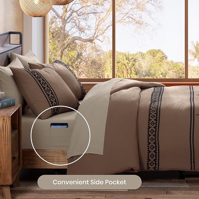 MaiRêve California King Comforter Set Brown, Embroidery Western Bedding Set Boho 7 Pieces, Farmhouse All-Season Bed in A Bag with Sheets, Pillowcases & Shams