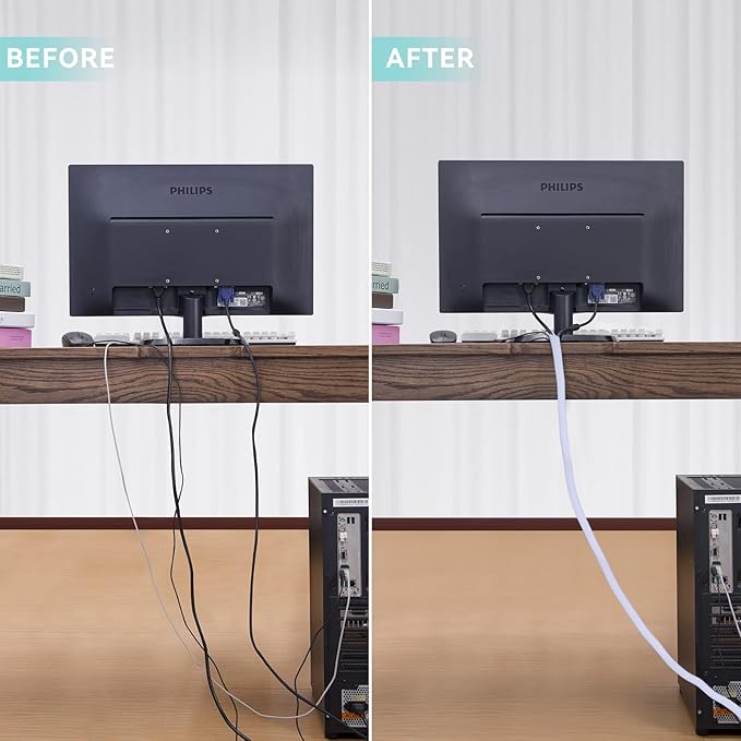 AGPTEK Cable Sleeve Cover, 2Pack 5ft - 1.6 inch Desk Cord Organizer Cable Hider, Home Office Wire Management Computer TV Wire Loom Tubing, Pet Proof Cord Protector, from Cat Dog Chewing, White