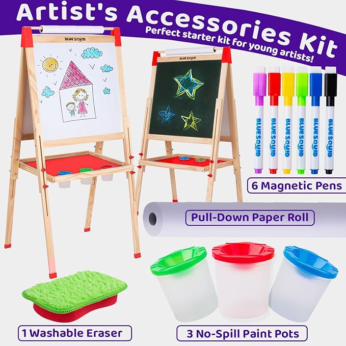 Blue Squid Art Easel for Kids - Dual-Sided Adjustable Wooden Painting Easels, Ideal Christmas Gift for Toddlers and Kid - with Magnetic Chalk Board, White Board & Paper Roll, Includes Accessories