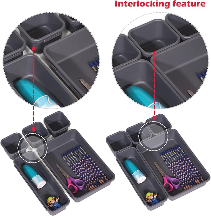 Set of 12 Interlocking Desk Drawer Organizer Tray Dividers Plastic Shallow Narrow Drawers Organizers Separators and Storage Bins Container for Kitchen Bathroom Makeup Office Vanity Bedroom Dresser