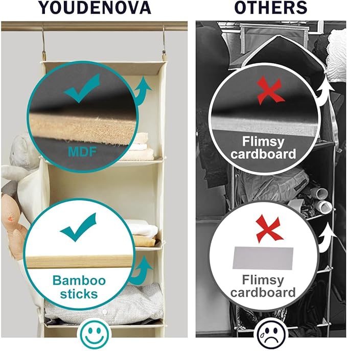 YOUDENOVA Hanging Closet Organizer, 5-Shelf Closet Hanging Storage Shelves, Beige