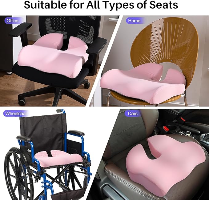 Seat Cushion for Office Chair, Large Thick Seat Cushion for Tailbone Pain Relief, Sciatica & Back Support, Memory Foam Office Chair Cushion for Long Sitting, Coccyx Cushion for Car, Wheelchair (Pink)