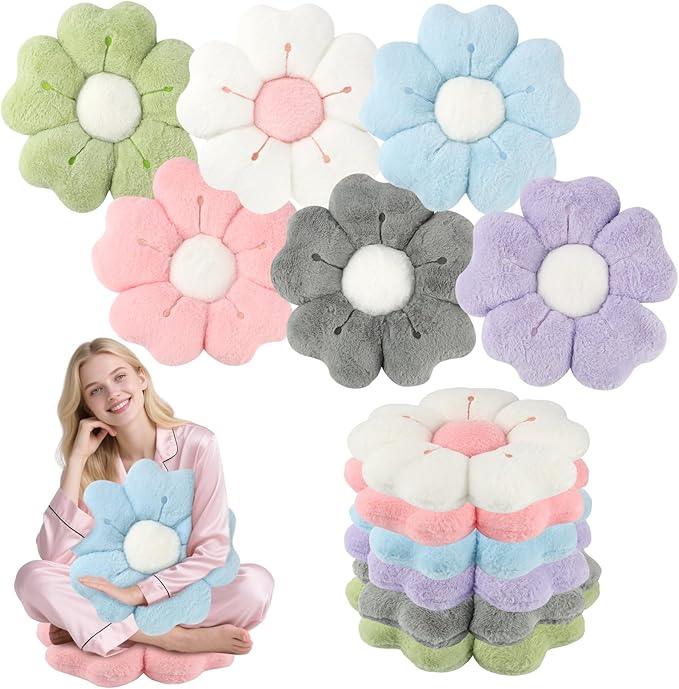 6 PCS Daisy Flower Shaped Throw Pillow, Cute Floor Cushion Seating Decorative Soft Plush 3D Floral Cushion for Couch, Bed, Sofa, Chair & Home Decor (Multicolored, 14 Inch)