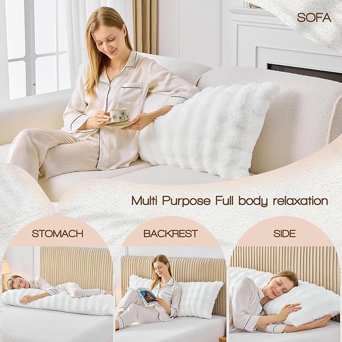 YZ HOME Faux Fur Fluffy Body Pillow for Adults - Firm Body Pillow Insert with Shredded Blue Memory Foam, Adjustable Height, Soft Support for Side Sleeping, Pregnant Women, Washable, 20x54 Inch (White)