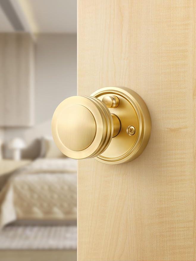 2 Pack Gold Door Knob Privacy Door Knobs Satin Brass Door Handle Interior Brushed Gold Door Knobs with Lock for Bedroom and Bathroom Zinc Alloy