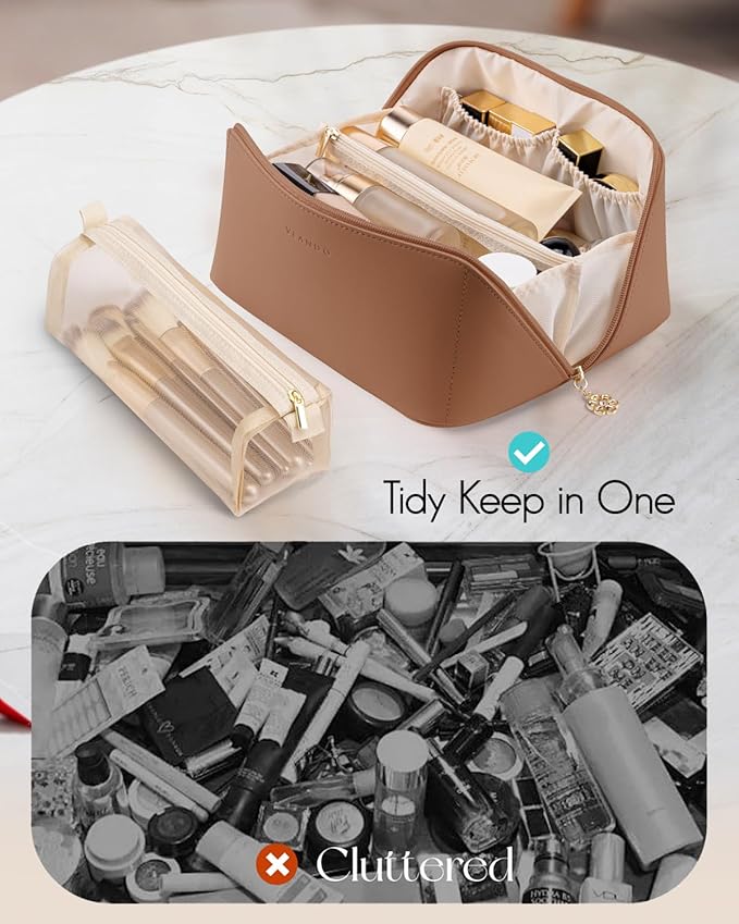 Vlando Makeup Bag,Large Capacity Travel Toiletry Bag,Cosmetic Bags for Women PU Leather Waterproof Portable Pouch with Divider & Handle-Brown