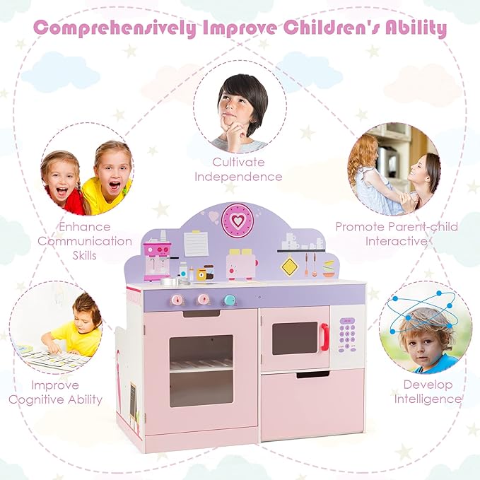 HONEY JOY Pink Kids Kitchen Playset, Double Side Little Chef Play Kitchen for Toddler & Cafe Shop, Cooking Utensil, Microwave, Storage Cabinet, Wooden Pretend Play Toy Kitchen Set, Gift for Boys Girls