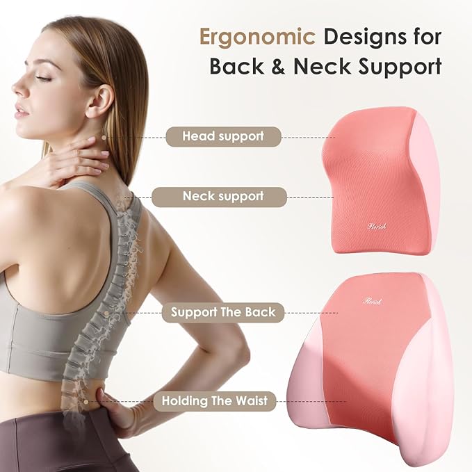 FLORICH Car Seat Cushion & Lumbar Support Pillow & Car Neck Pillow Ergonomic and 100% Memory Foam, Upgraded Larger and Breathable Car Seat Cushion & Back Support Pillow - Pink