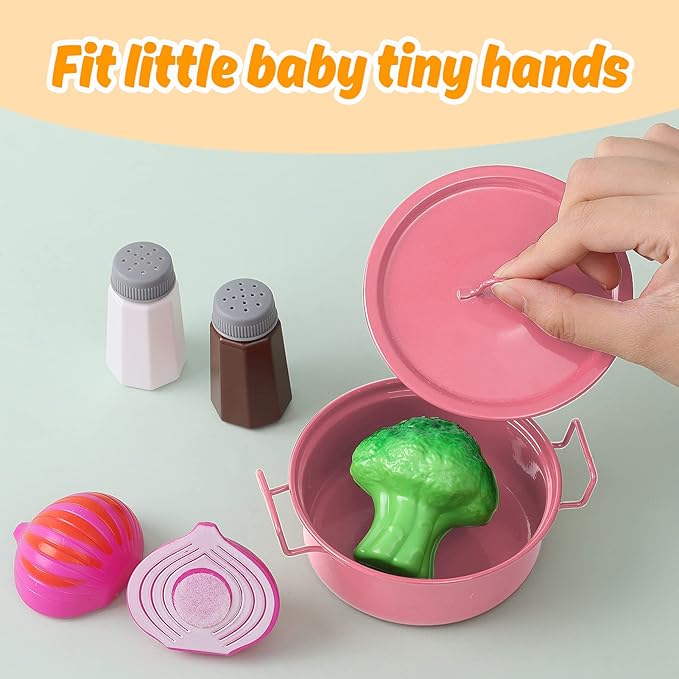 Kids Play Kitchen Toy Accessories Set Toddler Cooking Playset Colorful Stainless Steel Pots and Pans Birthday Gifts for 3+ Girls Boys (Pink)