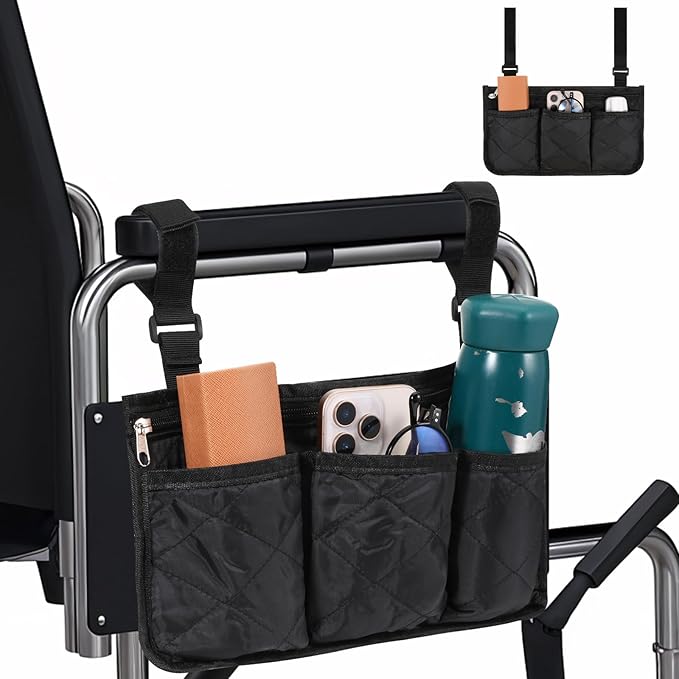 Wheelchair Side Bag, Wheelchairs Storage Bag Wheelchair Pouch Wheelchairs Armrest Bags with Cup Holder Elderly Walking Aid Suspension Bags Wheel Chair Accessories for Walkers Rollators (Black)