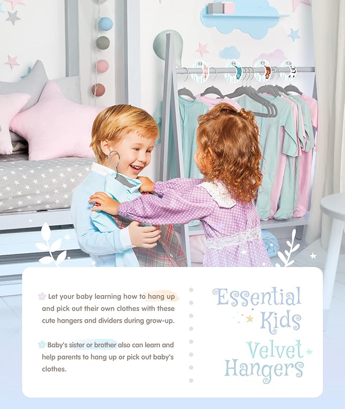 Baby Hangers, VIS'V 11 Inch Gray Velvet Kids Hangers with 6 Pcs Size Dividers Non Slip Nursery Children Closet Clothes Hangers for Infant Toddler Girls and Boys 30 Pcs