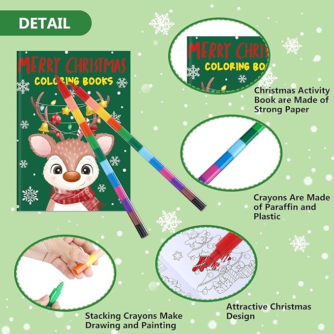 Funrous 24 Pcs Christmas Coloring Book for Kids Bulk with 24 Crayons, Christmas Activity Books with Marker Xmas Stocking Goodie Bag Stuffers for Holiday Students Classroom Gifts Party Favors (Lovely)